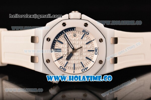 Audemars Piguet Royal Oak Offshore Diver Clone AP Calibre 3120 Automatic White Ceramic Case with Blue Stick Markers and White Rubber Strap (JF) - Click Image to Close